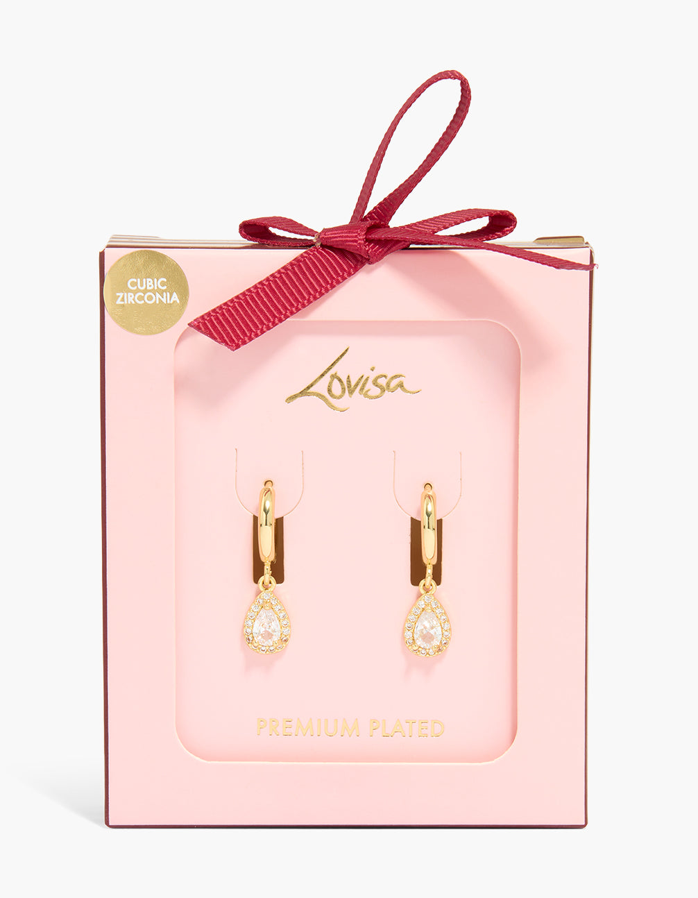 Featuring gold plated cubic zirconia teardrop drop hoop earrings with crystal in clear front view