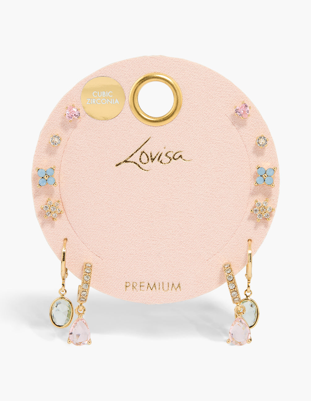 Featuring gold plated multicoloured cubic zirconia earrings 6-pack with flower details, stud closure in silver, light pink, light blue, and white close up view
