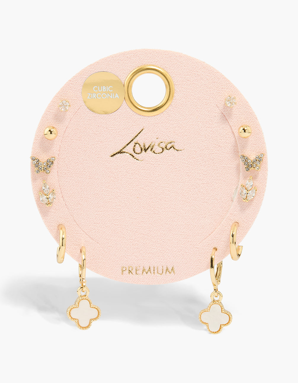 Designed with gold plated cubic zirconia butterfly, ball and floral earrings in 6-pack close up view