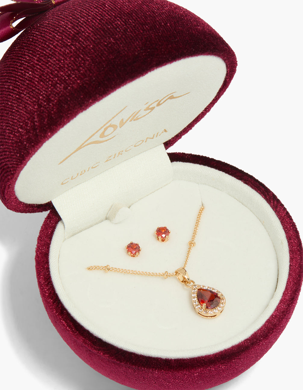 Gold Ruby Cubic Zirconia Teardrop Necklace & Earrings Set