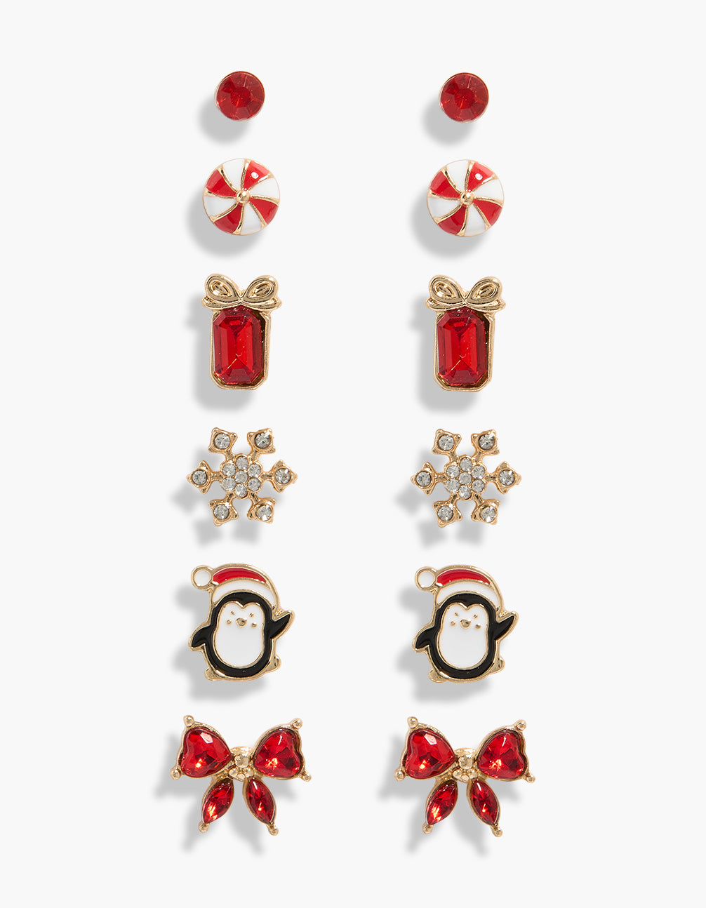 Festive Kids Santa Hat Penguin and Bow Studs 6-Pack featuring bird, heart, snowflake striped pattern gold red white black closure front view