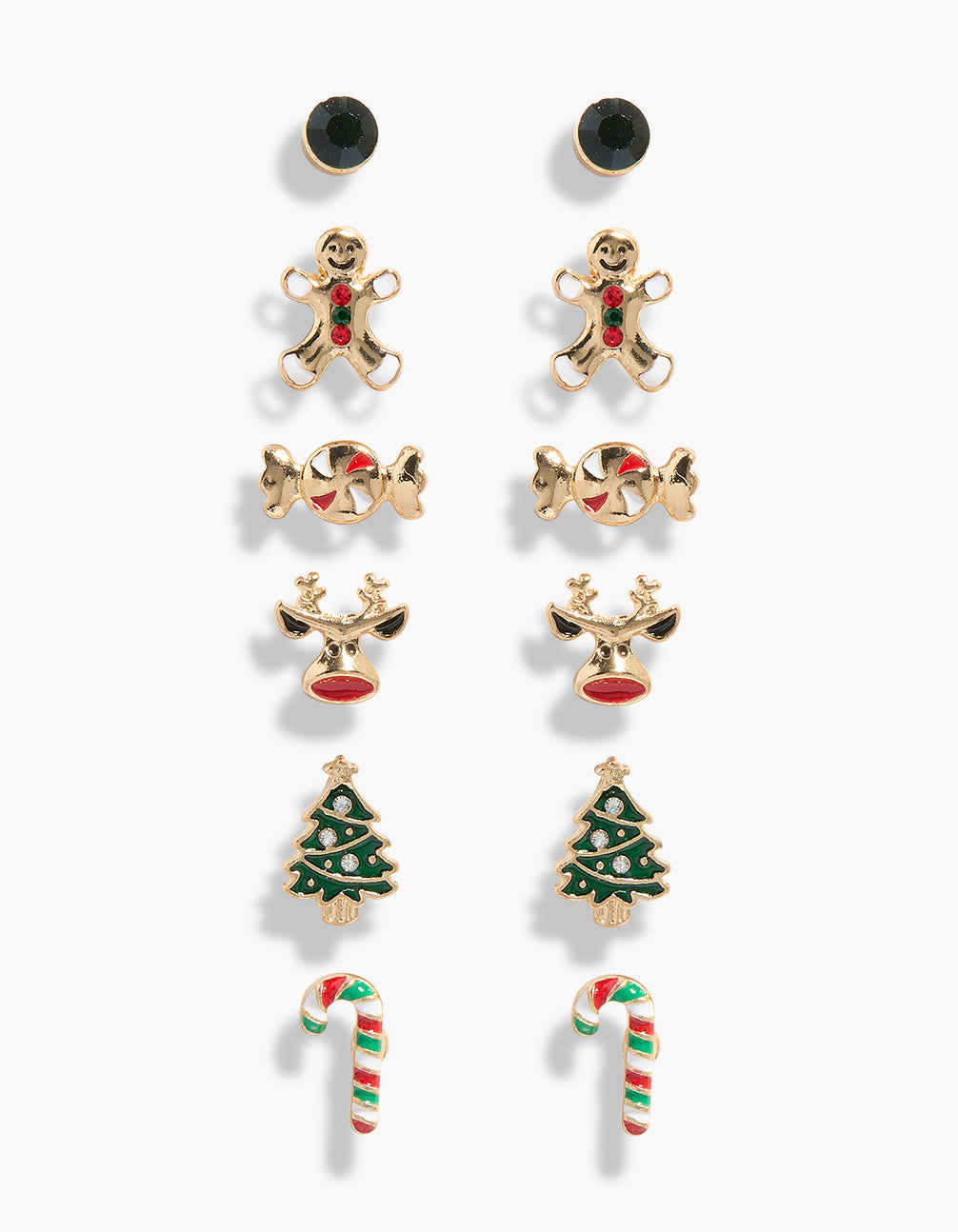 Explore this kids gold sweets stud earrings 6-pack featuring animal charm food tree stud closure striped pattern front view
