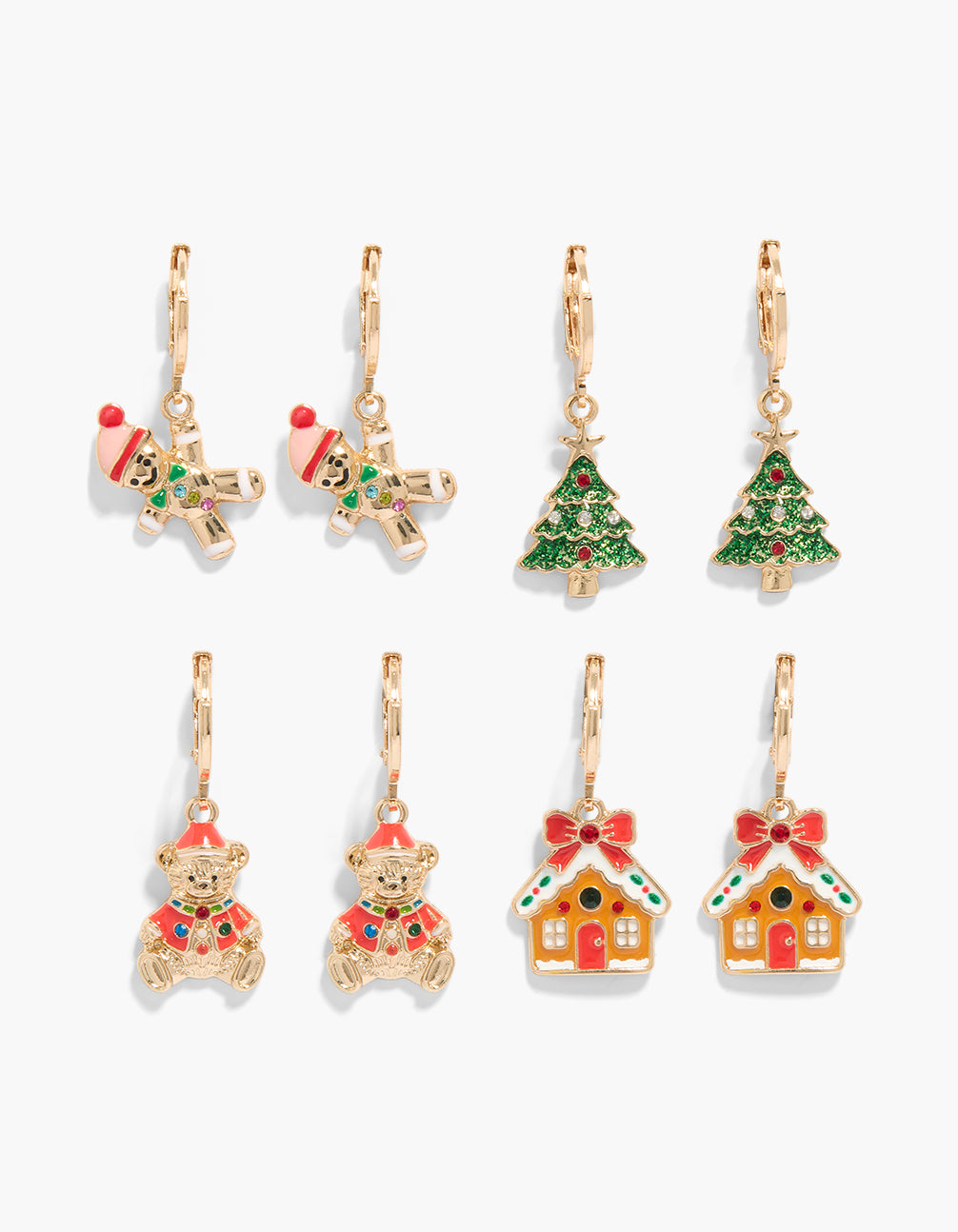 Discover kids gold gingerbread huggie earrings in a 4-pack featuring animal bear, bow with hut and tree, motifs adorned with glitter accents in red, green, and orange front view
