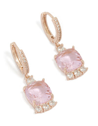 Showcasing dainty rose gold plated square pink cubic zirconia huggie earrings with crystal accents front view - link has visual effect only