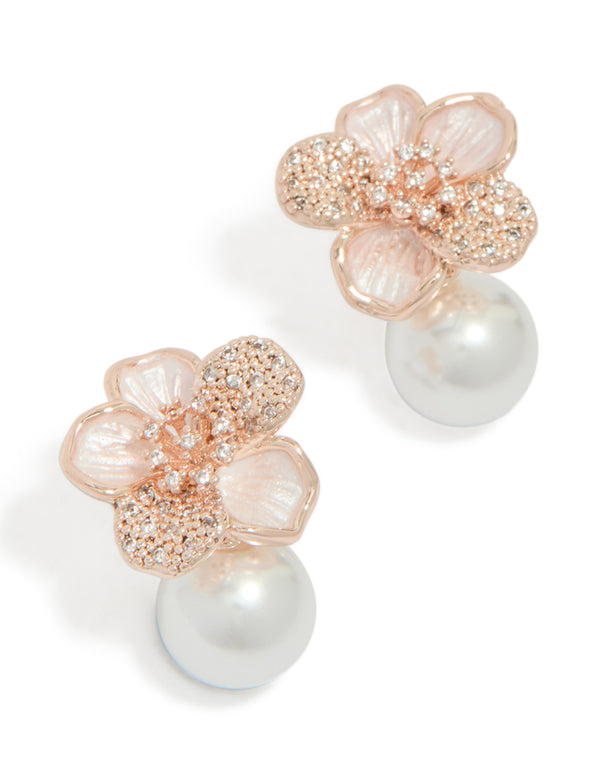 Showcasing rose gold plated cubic zirconia and pearl flower drop earrings front view
