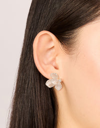 Elegantly designed rose gold plated cubic zirconia half flower stud earrings on ear view - link has visual effect only