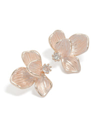 Beautifully crafted rose gold plated cubic zirconia half flower stud earrings front view - link has visual effect only