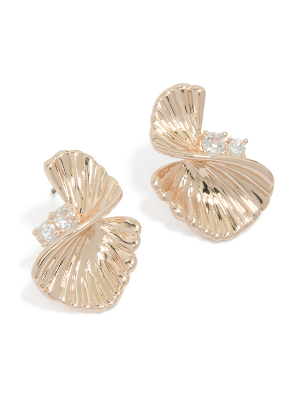 Showcasing statement rose gold plated textured cubic zirconia fan stud earrings with stud closure front view