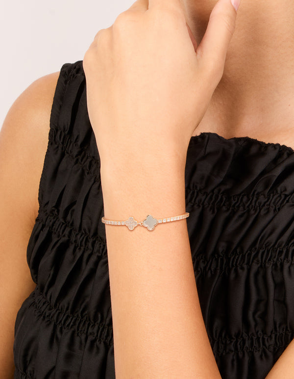 Rose Gold Plated Cubic Zirconia Double Flower Toggle Bracelet