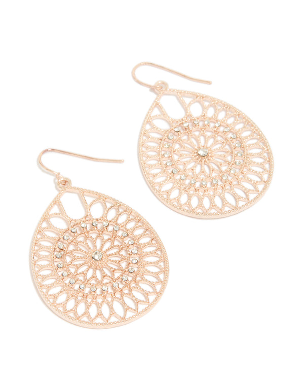 Beautifully crafted statement drop earrings featuring floral filigree design in rose gold with diamante accents front view