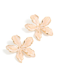 Showcasing floral stud earrings crafted from enamel with pink petals and gold trim front view - link has visual effect only