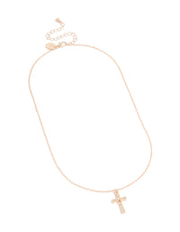 Elegant rose gold diamante cross pendant necklace with charm accents front view - link has visual effect only