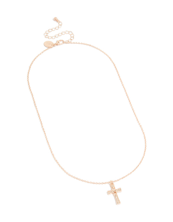 Elegant rose gold diamante cross pendant necklace with charm accents front view