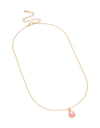 Featuring a simple teardrop pendant necklace in gold with pink front view - link has visual effect only