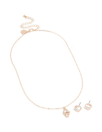 Rose Gold Heart Link Diamante Necklace & Earrings Set - link has visual effect only