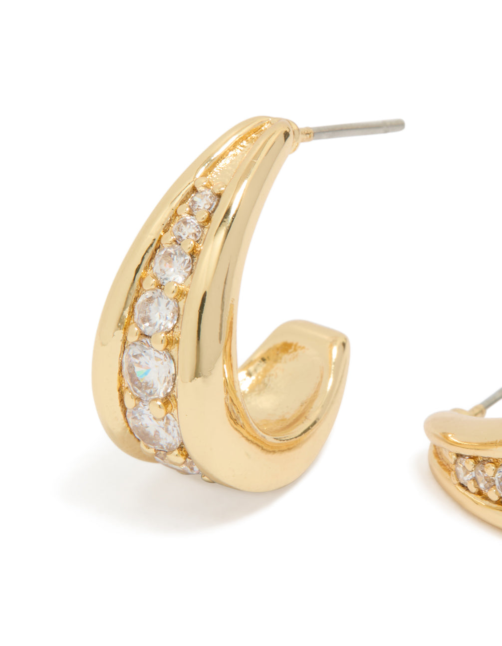 Showcasing gold plated cubic zirconia drop shaped hoop earrings close up view