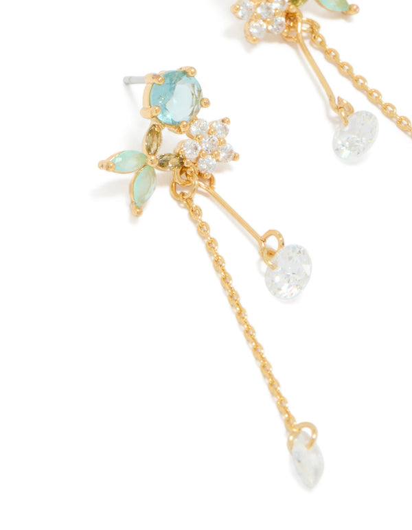 Showcasing gold plated aqua blue cubic zirconia butterfly stud chain drop earrings with charm in clear close up view