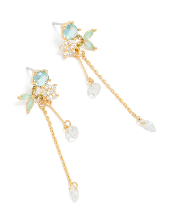 Featuring gold plated aqua blue cubic zirconia butterfly stud chain drop earrings with in clear front view