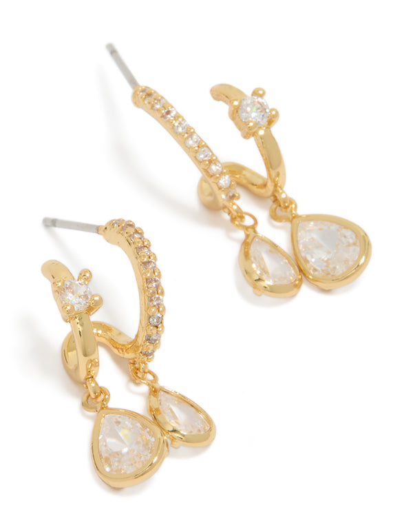 Showcasing gold plated cubic zirconia double drop open hoop stud earrings front view