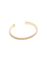 Showcasing a wrist cuff crafted from gold plated material featuring cubic zirconia flat bezel set design front view - link has visual effect only
