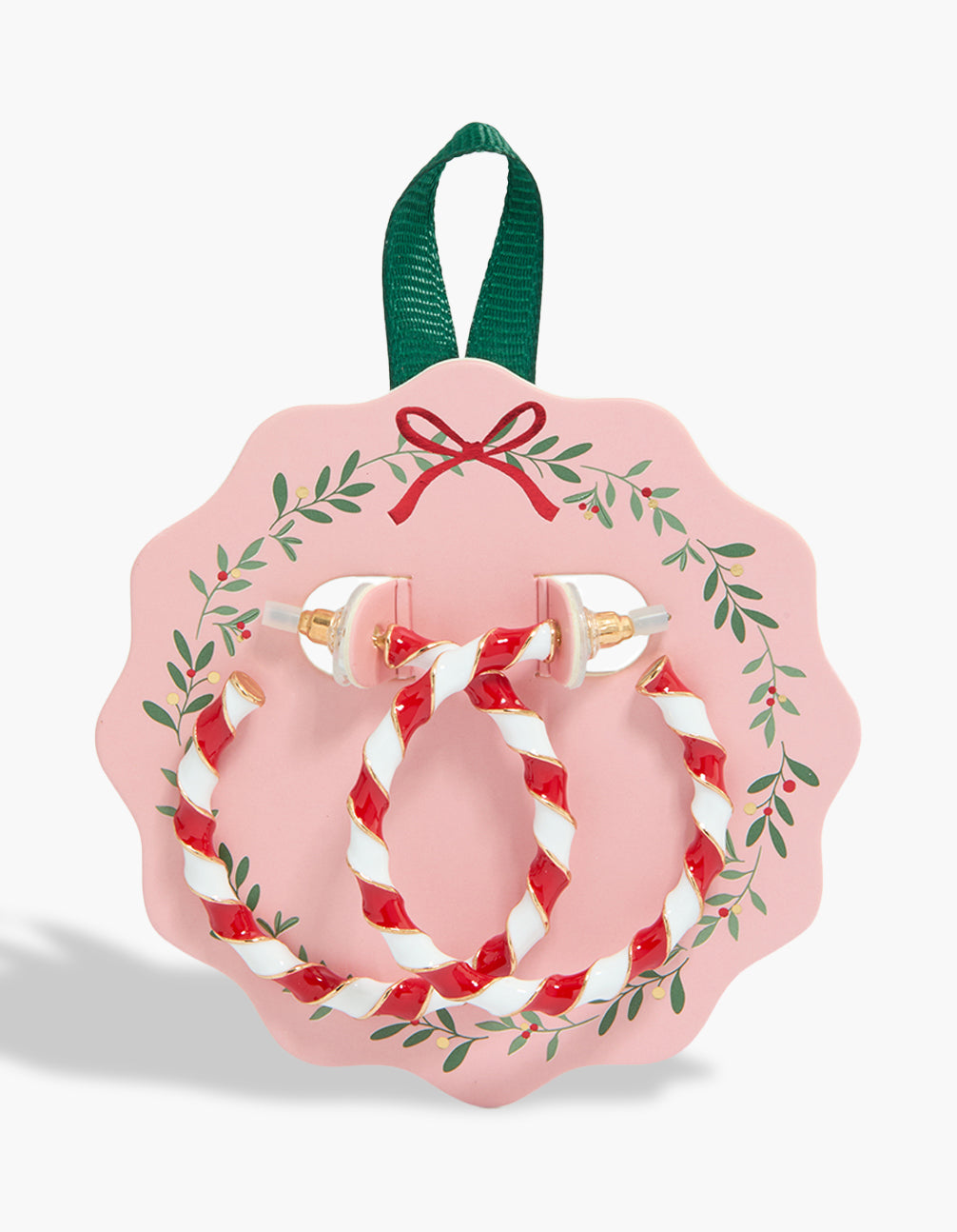 Festive statement hoop earrings featuring food elements in red and white enamel candy cane design crafted from gold material, front view