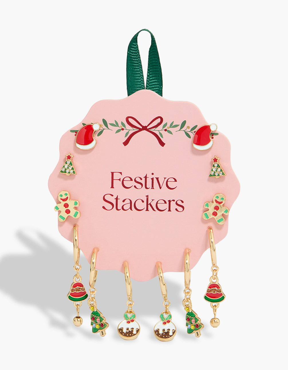 Showcasing gold pudding and bell earrings 6-pack featuring food, tree with red, green, white accents front view