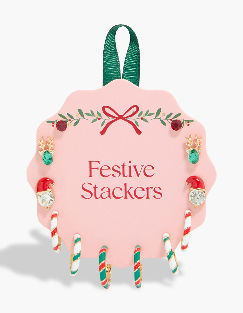 Discover chunky style earrings featuring candy cane designs with hoop closure in a 6-pack, showcasing gold, red, teal, and white colors front view