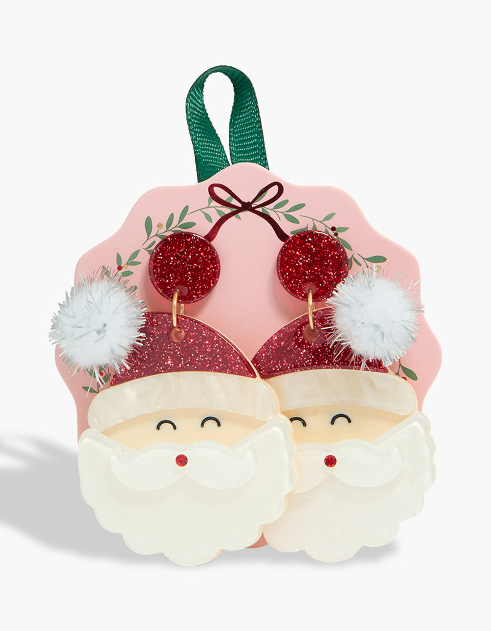 Festive statement earrings featuring acrylic Santa head details and glitter accents in red, white, and beige front view