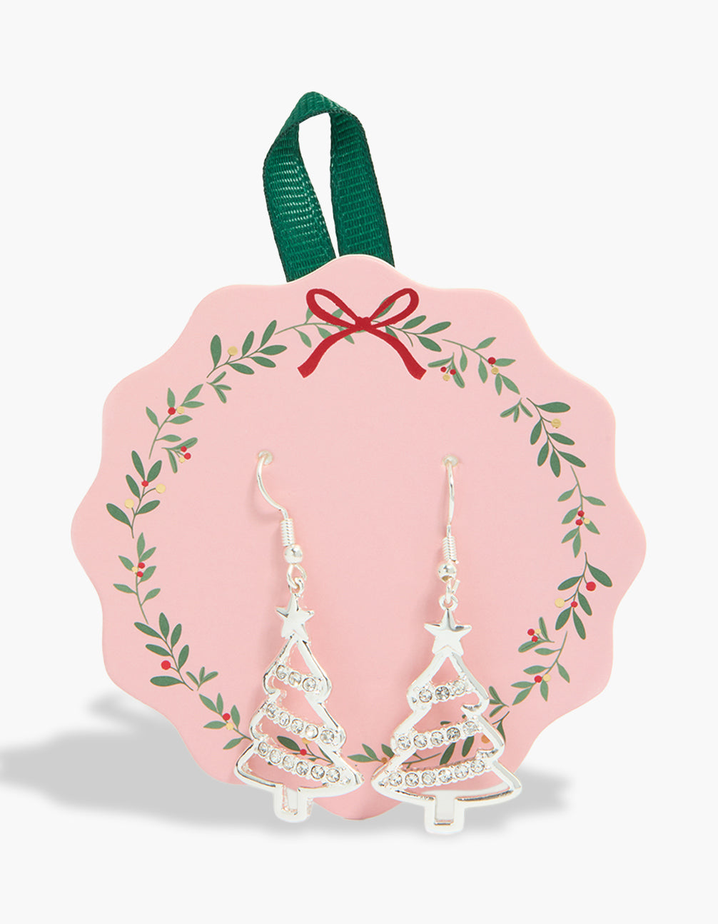 Elegant silver diamante Christmas tree outline drop earrings front view