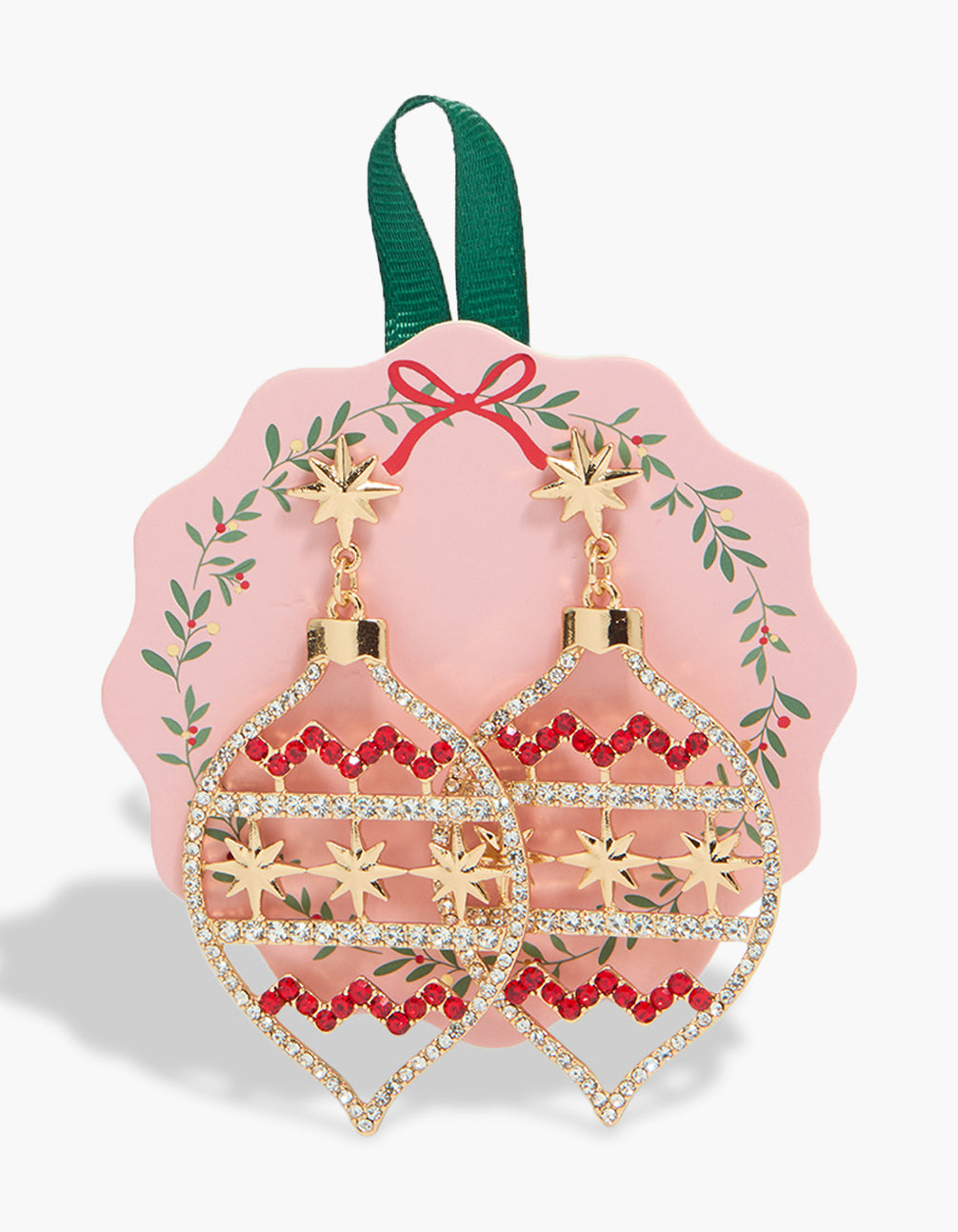 Showcasing gold diamante ornament drop earrings with clear and red embellishments front view