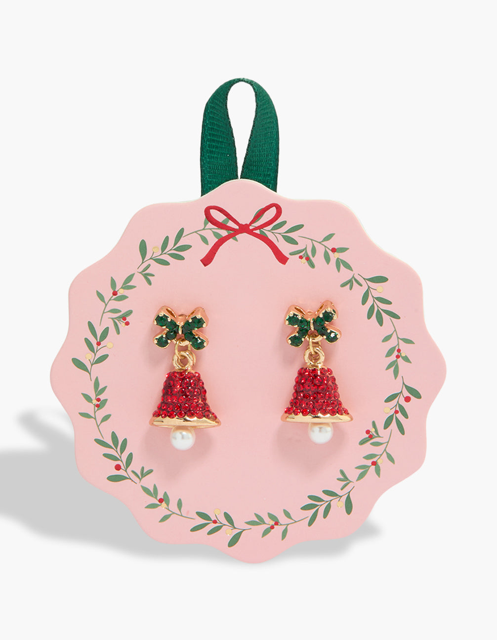 Festive gold red diamante bell and green bow earrings with pearl stud closure front view
