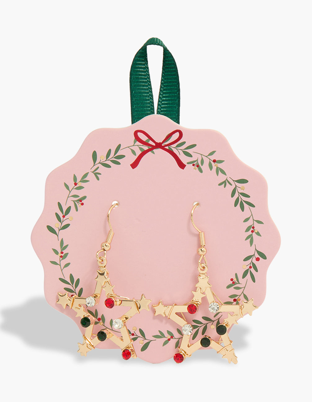 Showcasing statement star earrings in gold with multicoloured diamantes and wire wrapped design front view