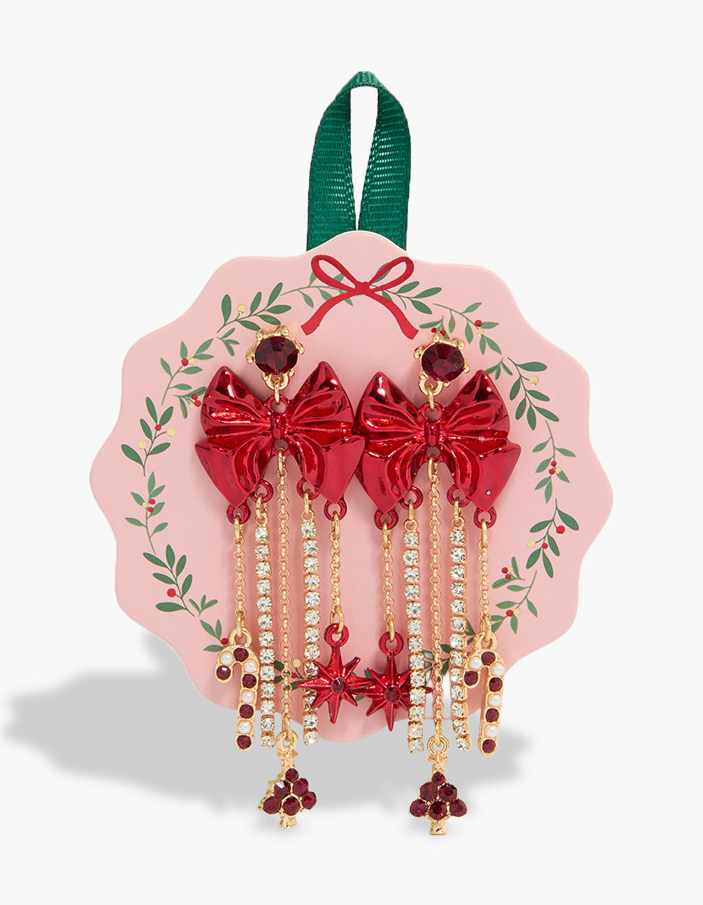 Showcasing gold diamante cup chain red bow drop earrings featuring charm details front view