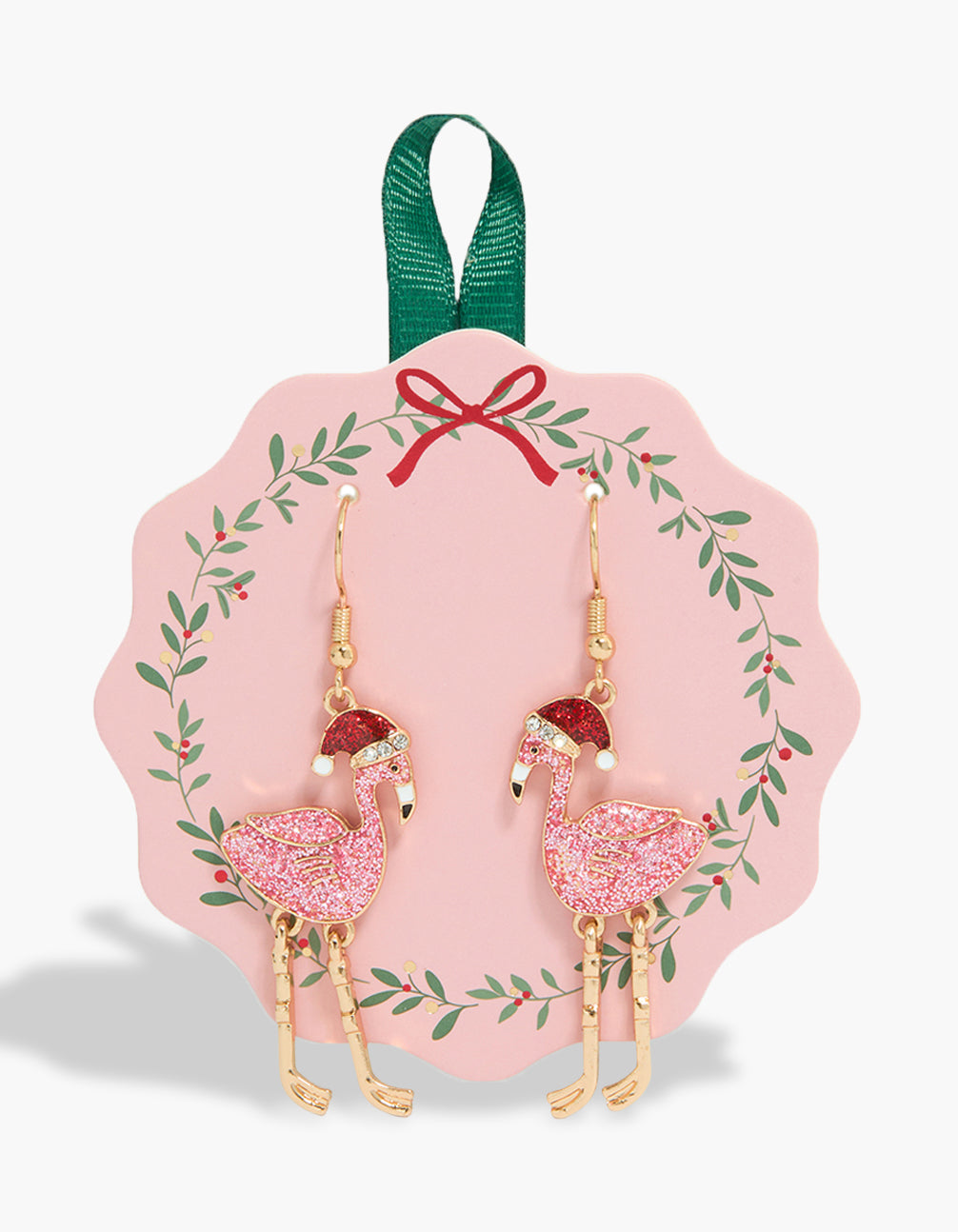 Festive statement earrings featuring bird design in glittery enamel, pink and gold tones front view