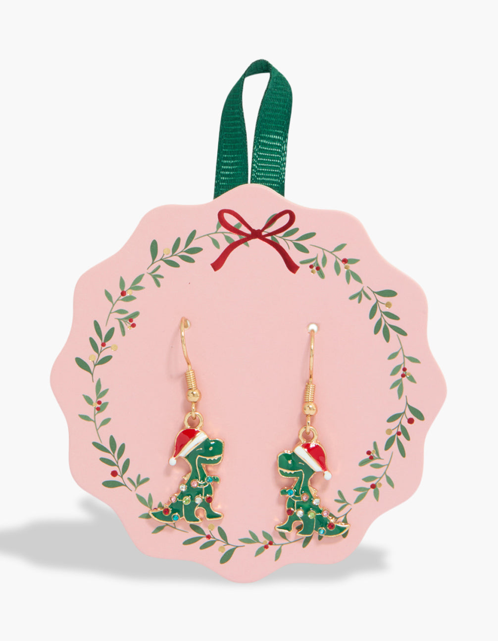 Showcasing gold Santa hat dinosaur animal drop earrings featuring diamante lights in green, red, and aqua front view