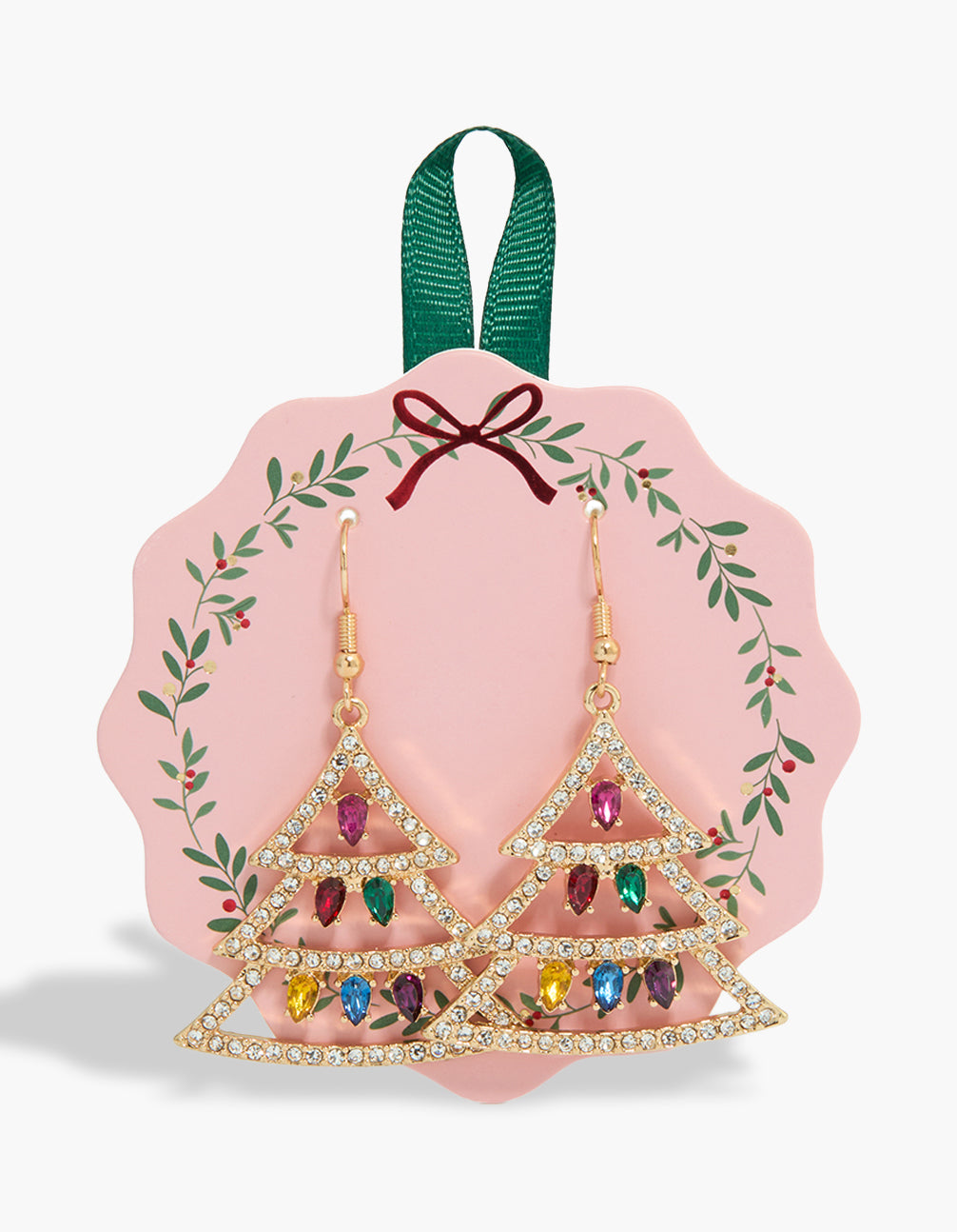 Showcasing gold Xmas tree drop earrings with glitter lights in crimson, green, and yellow front view