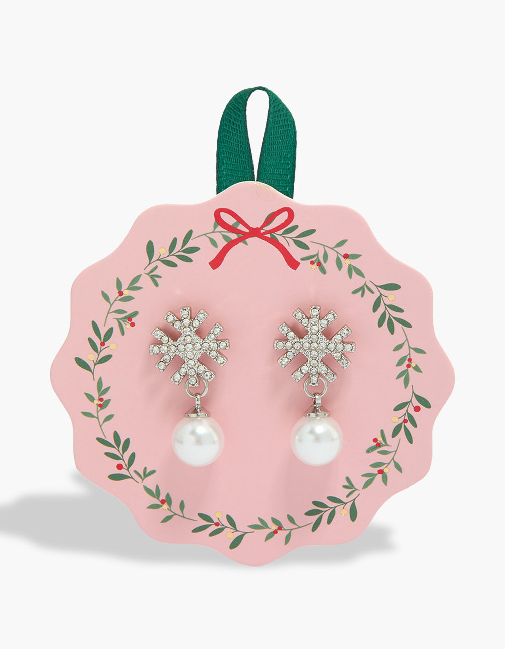 Beautiful pearl and diamante snowflake earrings in silver and white front view