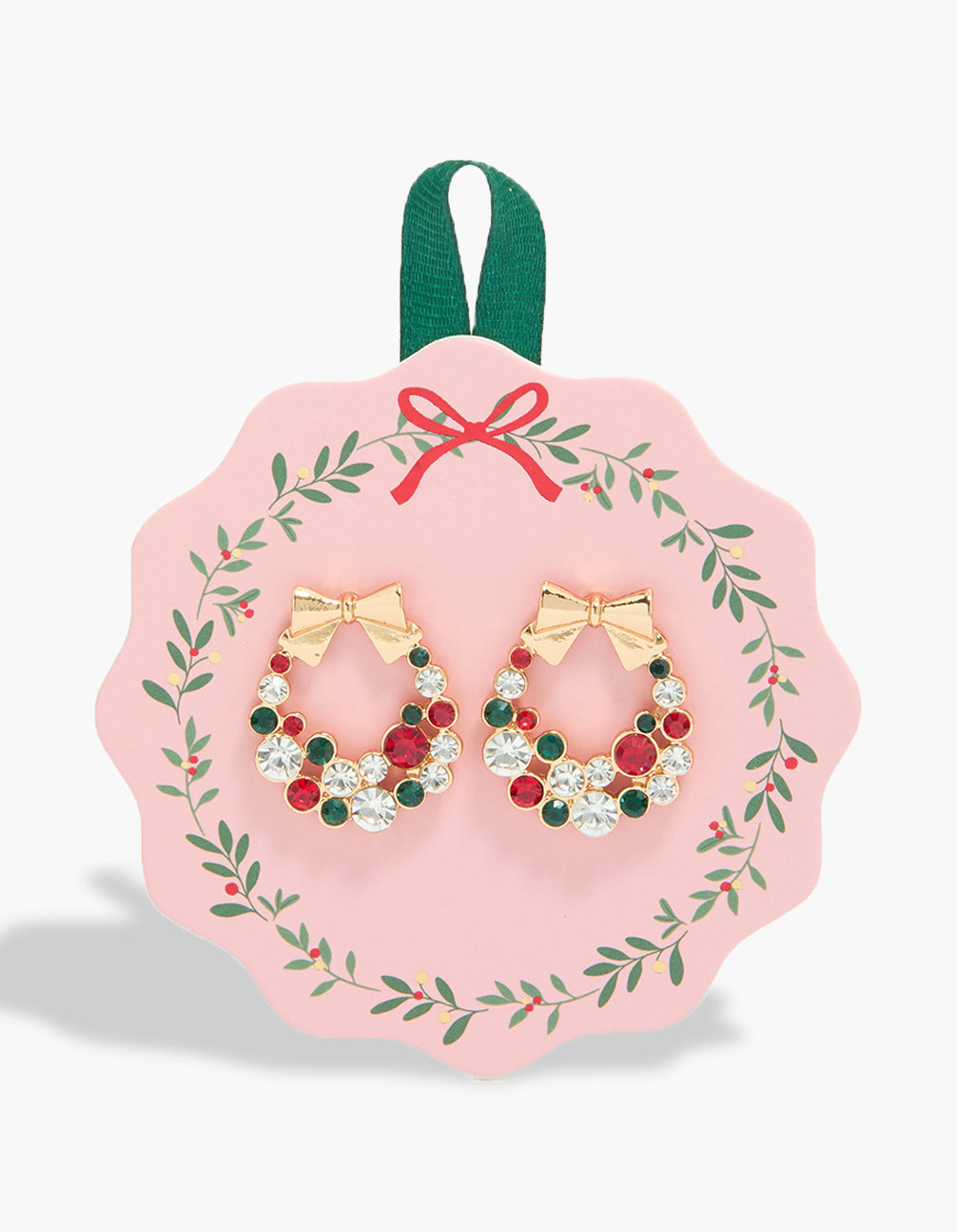 Showcasing gold multicoloured diamante wreath earrings with bow feature and stud closure front view