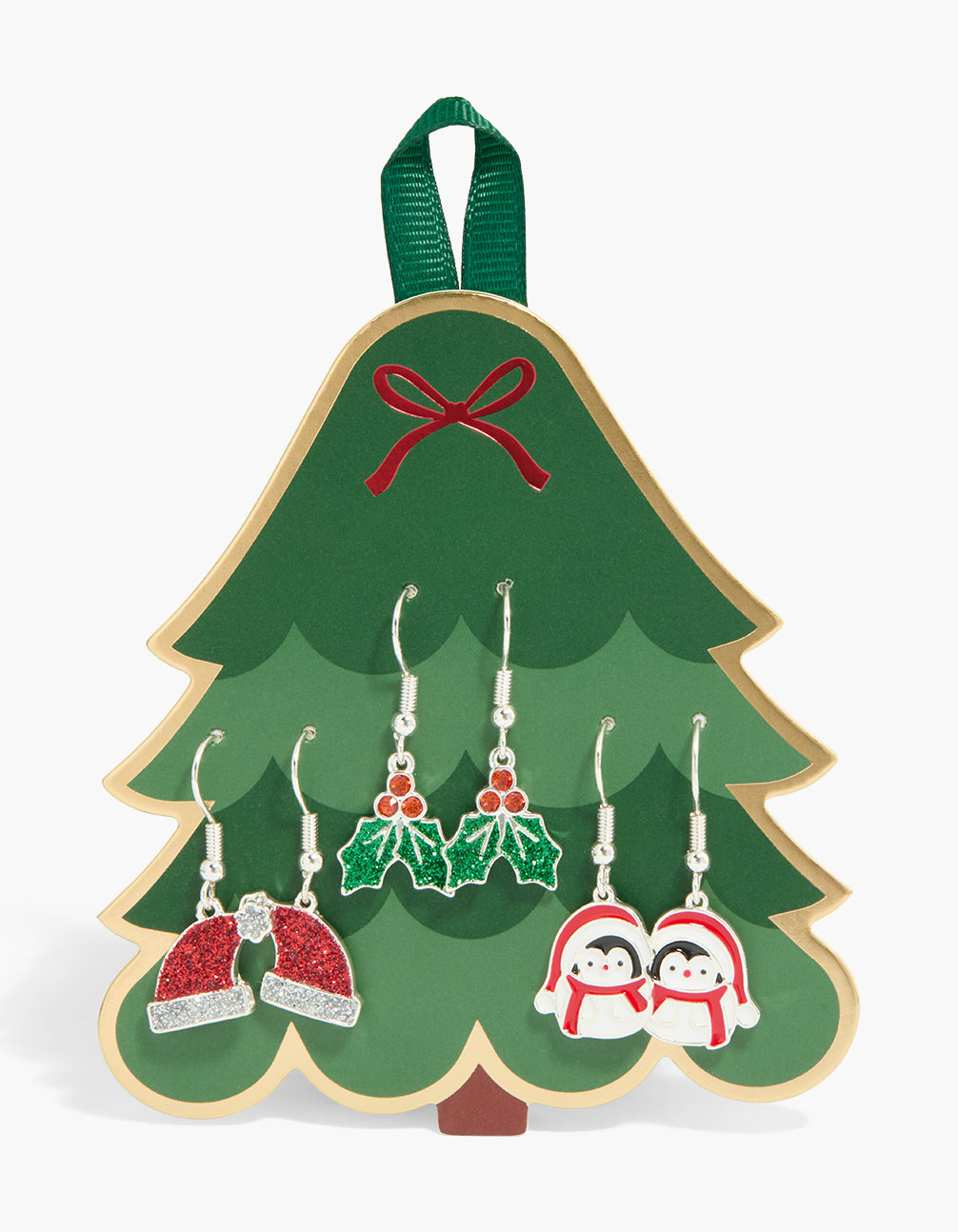 Silver Glitter Holly & Santa Hat  Earrings 3-Pack