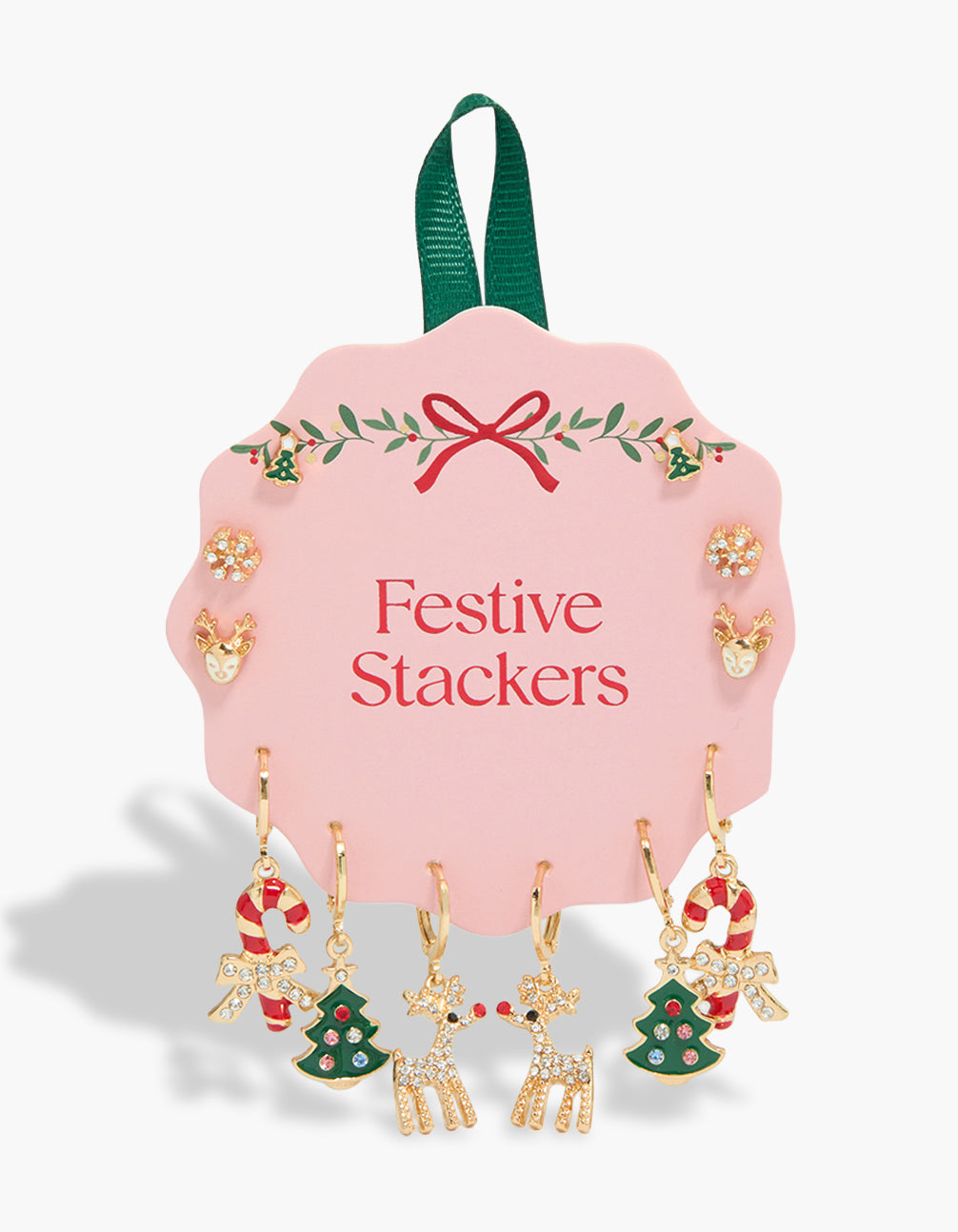 Festive 6-pack of gold reindeer and candy cane earrings featuring statement style with stud and huggie closures, showcasing animal and food motifs with tree accents in red, green, and white front view