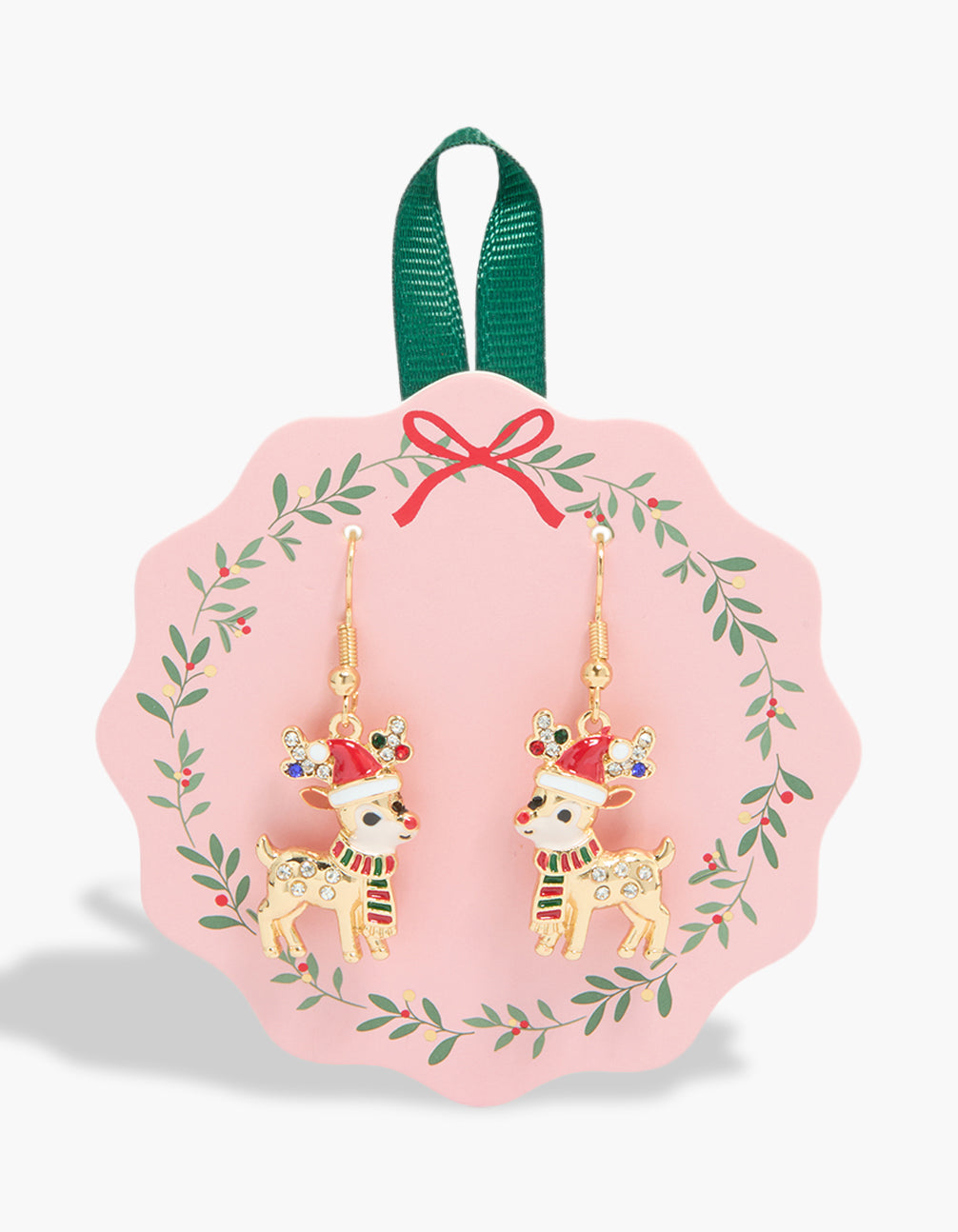 Showcasing gold reindeer scarf earrings with animal feature in front view