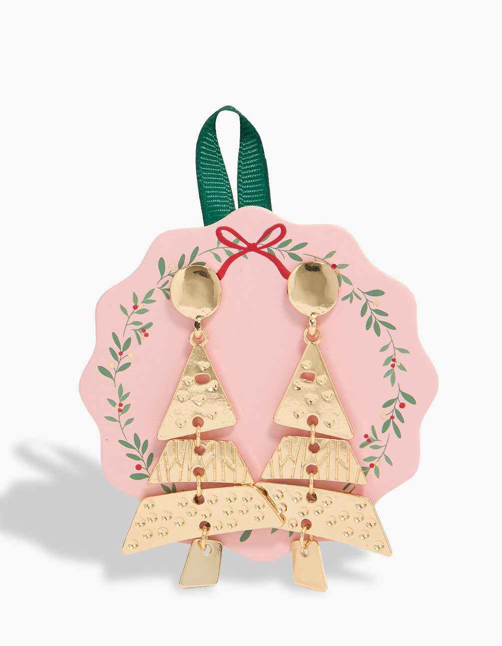 Festive gold split Christmas tree earrings front view