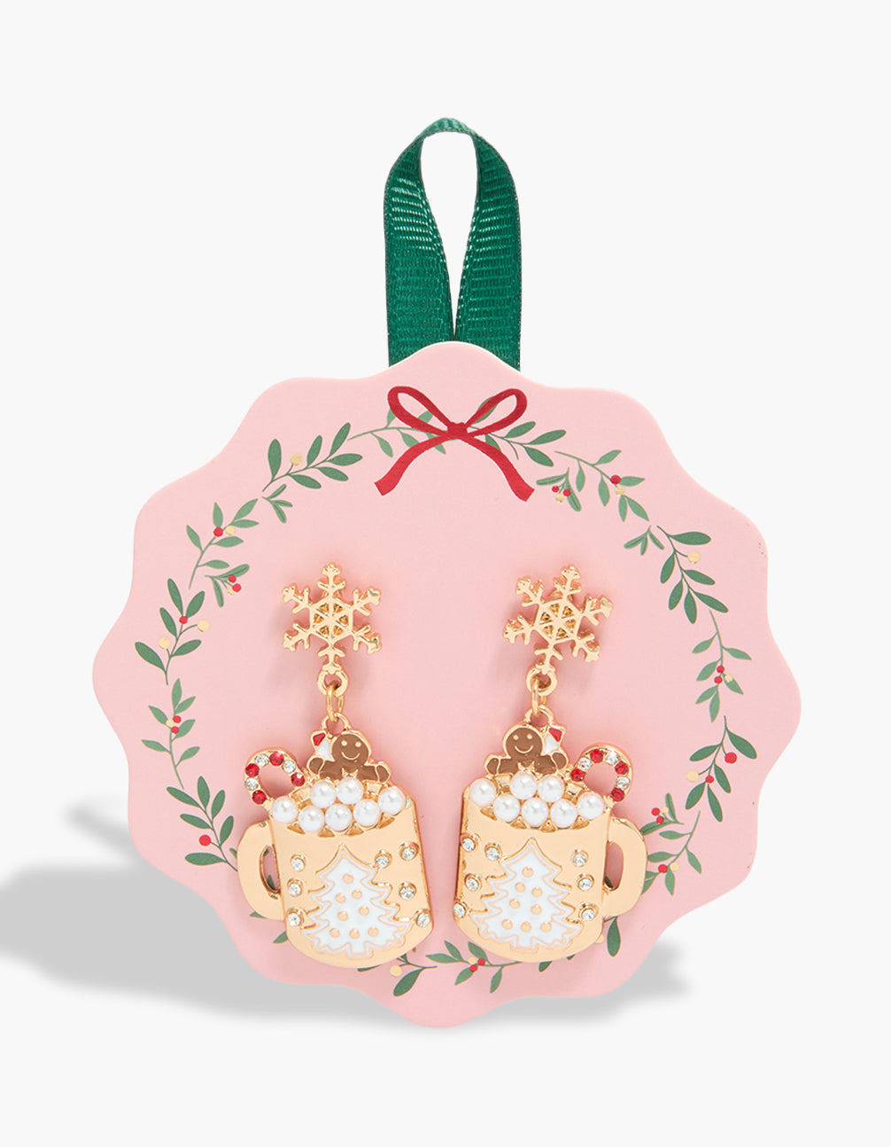 Showcasing these festive hot chocolate mug earrings with snowflake details in gold featuring pearl accents front view