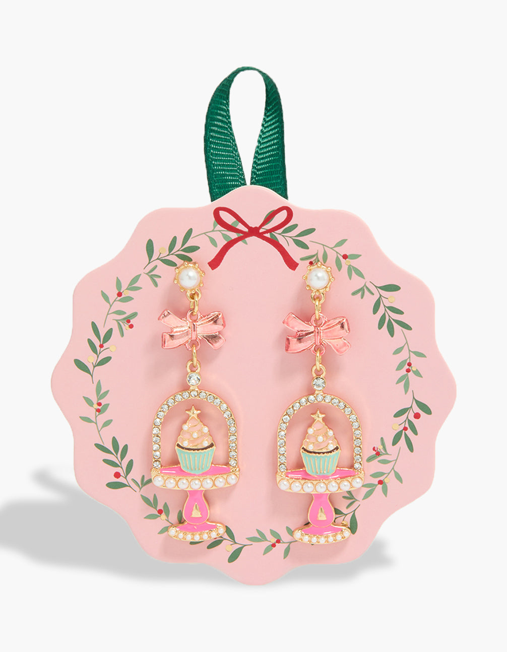 Showcasing gold cupcake food drop earrings with star on it, bow and pearl in light pink, aqua and hot pink front view