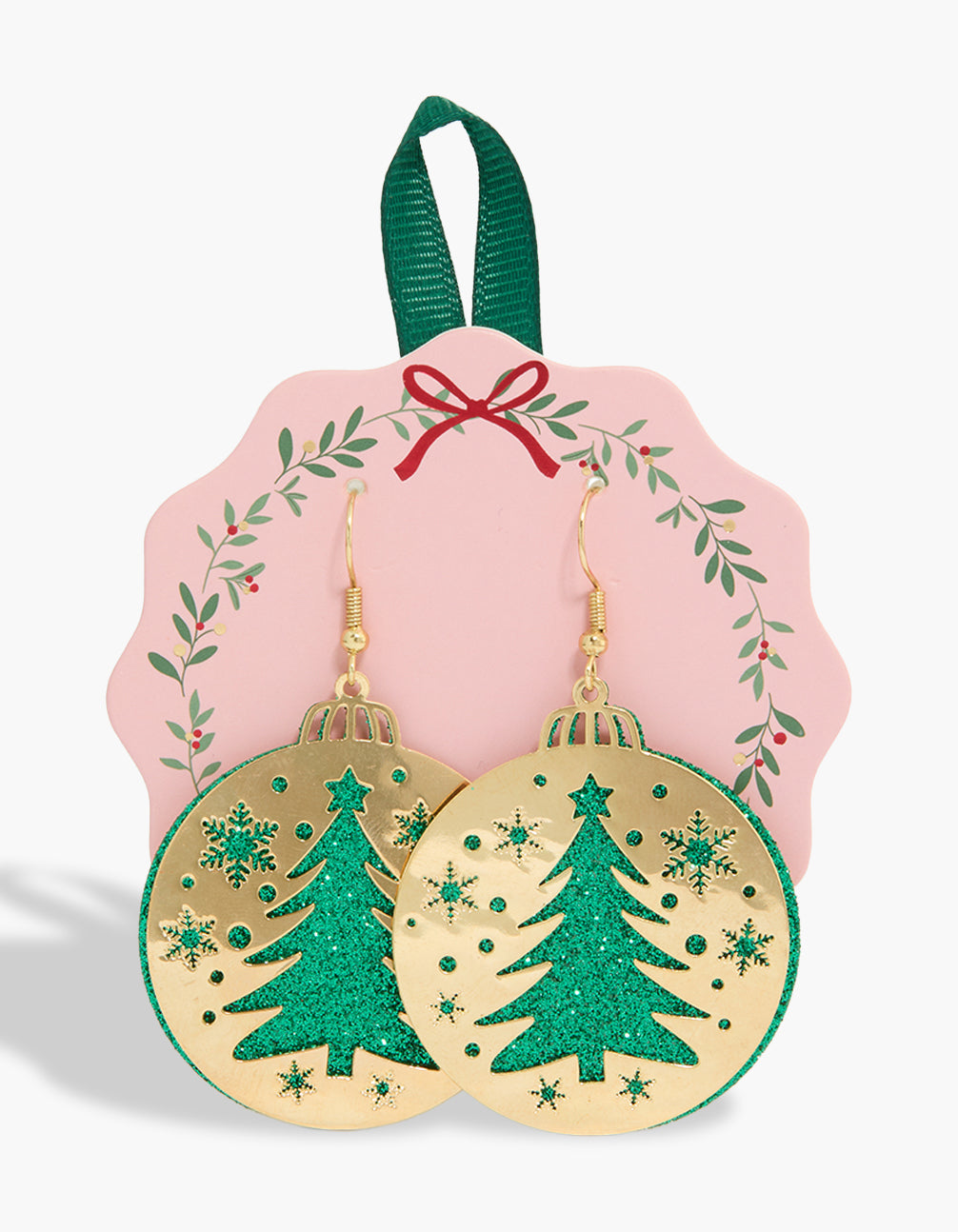 Captivating chunky disc earrings featuring bauble design with tree and snowflake motifs in glittery gold and teal tones front view