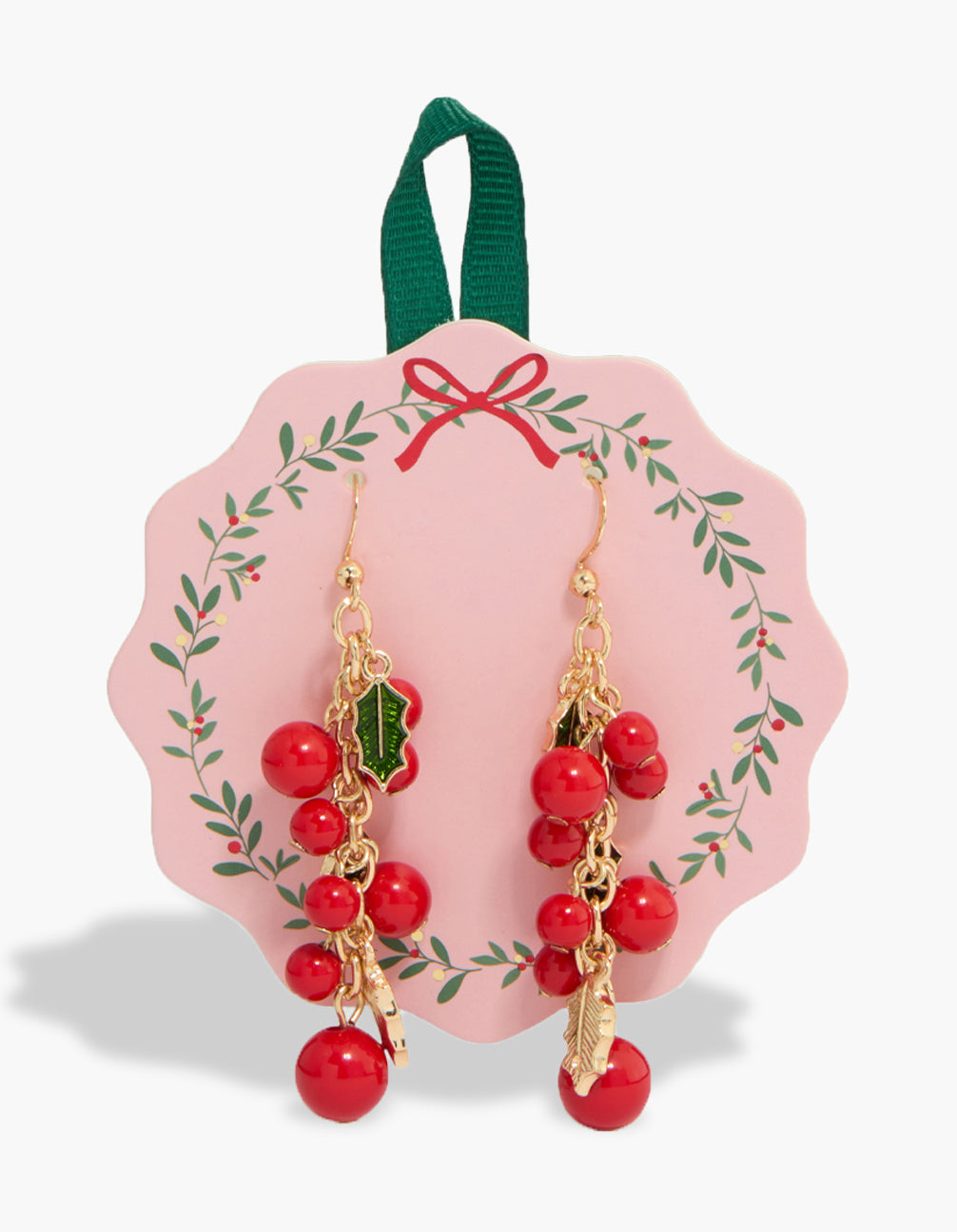 Stylish gold holly berry drop earrings featuring leaf and fruit in red front view