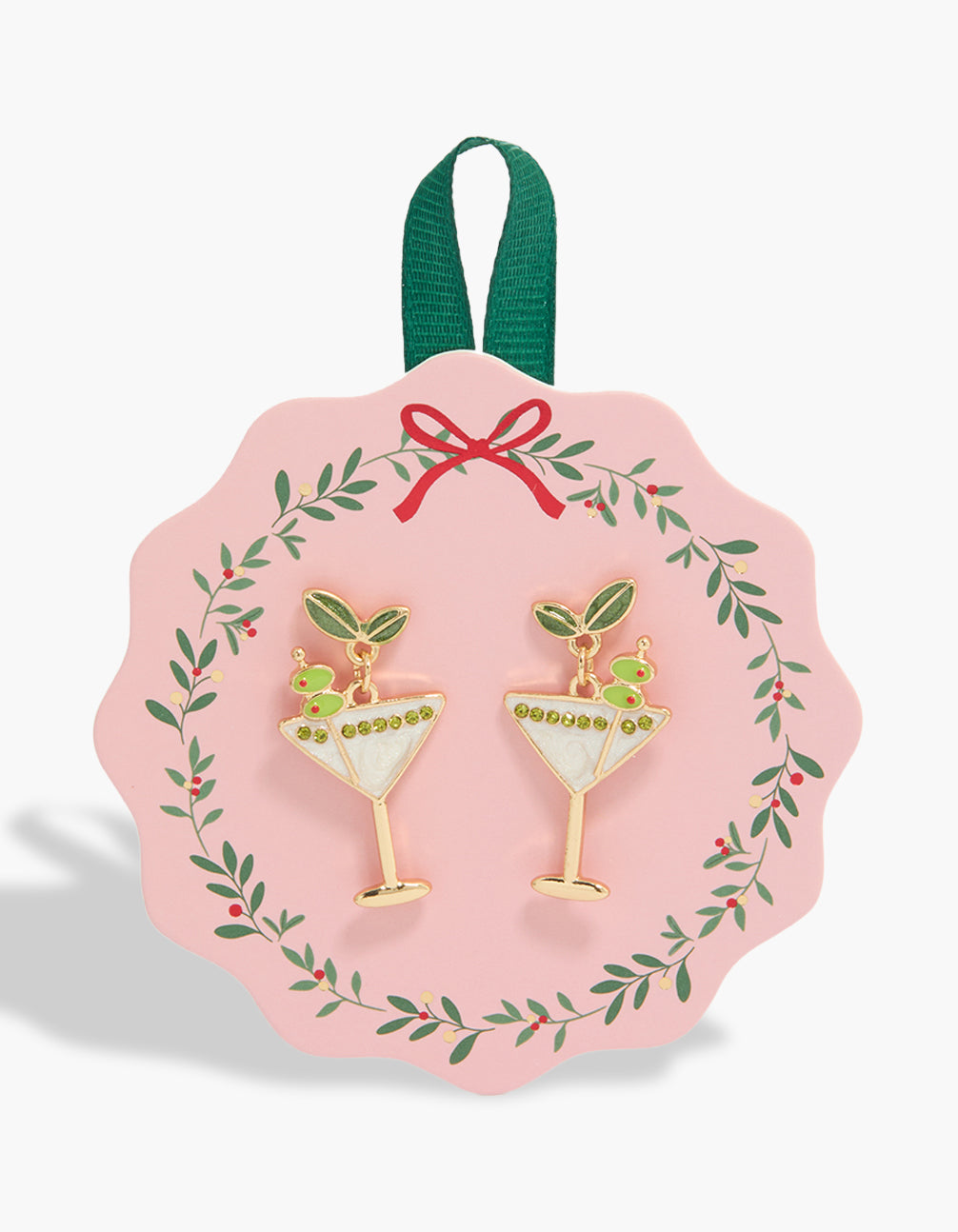 Showcasing gold olive martini earrings featuring leaf, fruit and drink accents in green and white tones front view