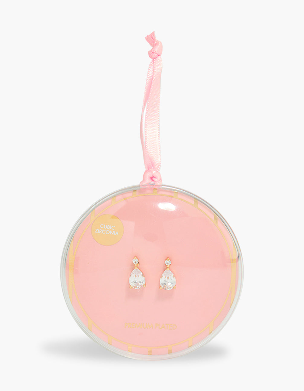 Showcasing gold plated double diamante teardrop earrings in a presentation case front view