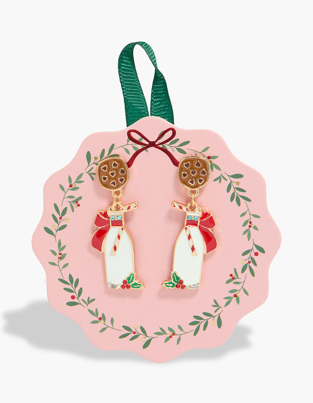 Showcasing chunky gold heart cookies and milk charm earrings with drink and food elements front view