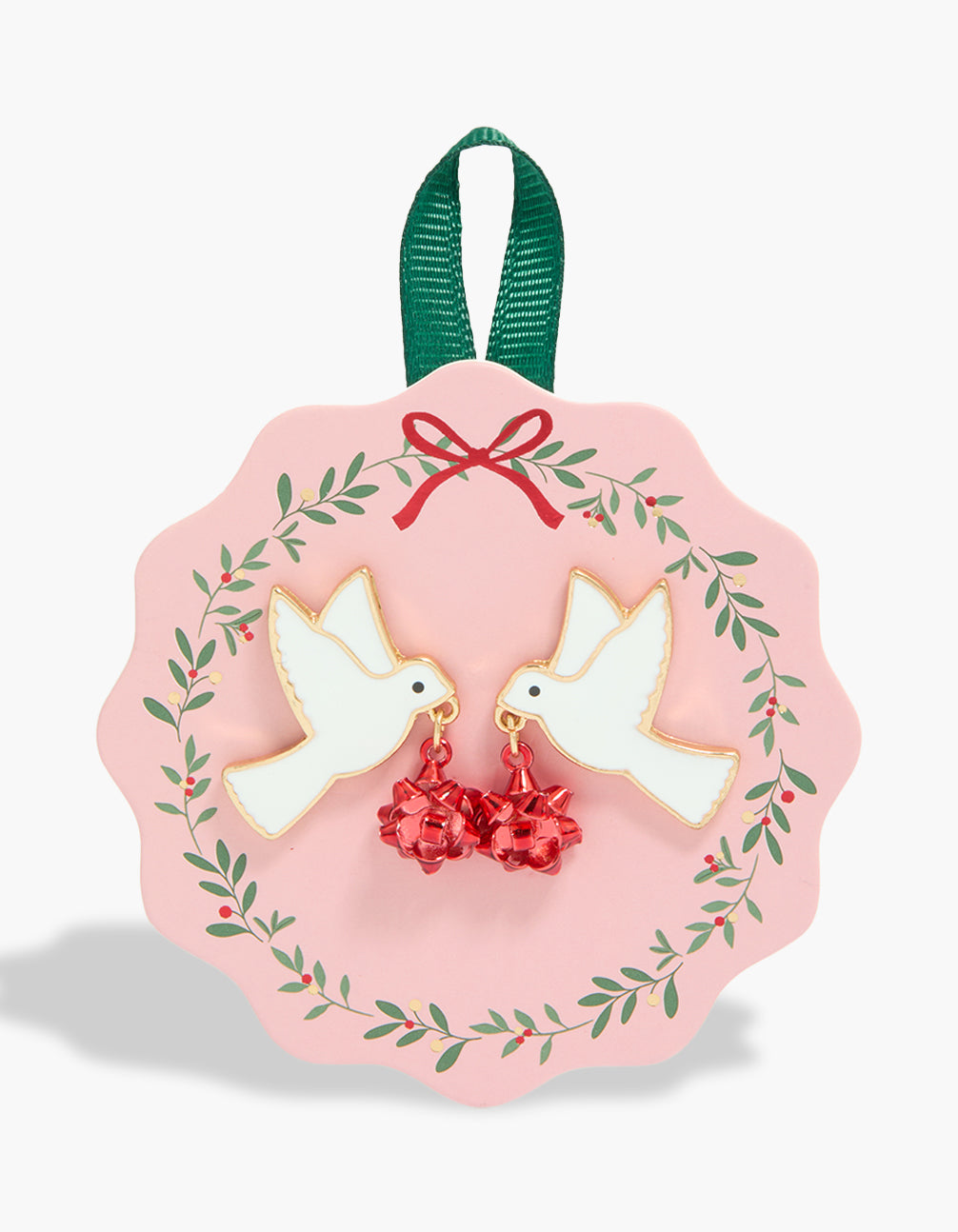 Showcasing chunky gold dove earrings featuring bird charms with red bow present dangles detailing front view